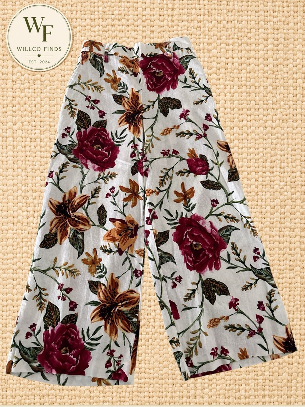 Joie Floral Linen Blend Wide Leg Pants Size 2 White Burgundy Boho